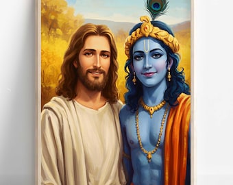 May include: A painting of two figures, one with long brown hair and a white robe, the other with blue skin, long dark hair, and a gold crown. The figure with blue skin is wearing a yellow and orange garment and a necklace with gold beads.