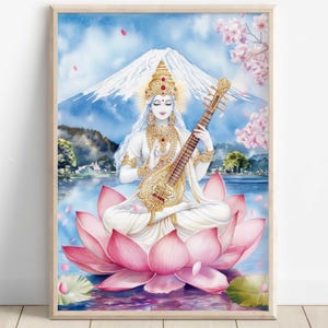 Saraswati at Mount Fuji, Goddess Saraswati, Goddess of Knowledge, Saraswati Art, Hindu Goddess, Indian Goddess, Digital Print of Saraswati