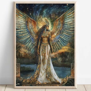 May include: A painting of a woman with wings, wearing a golden crown and a white dress with gold accents. The background is a starry night sky with a river and trees.
