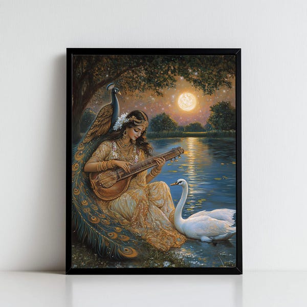 Saraswati, Deusa Saraswati, Deusa do Conhecimento, Arte Saraswati, Deusa Hindu, Deusa Indiana, Impressão Digital de Saraswati