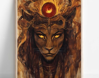 May include: A framed artwork featuring a lion-like figure with glowing yellow eyes and a fiery red orb above its head. The artwork is predominantly brown and gold, with intricate details in the face and mane, creating a mystical and powerful image.