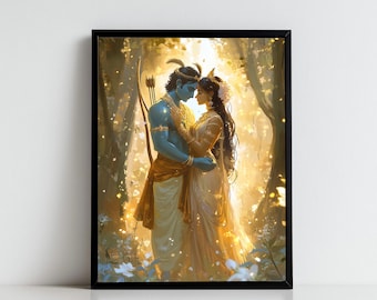 ラーマ神とシータ神の版画：ヒンドゥー教の神々の芸術、インド絵画