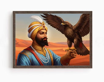 Guru Gobind Singh, 10th Sikh Guru (1675–1708), Sikh Art, Vintage Religious Art Print, Sikh Spiritual Painting, Sikh Digital Painting