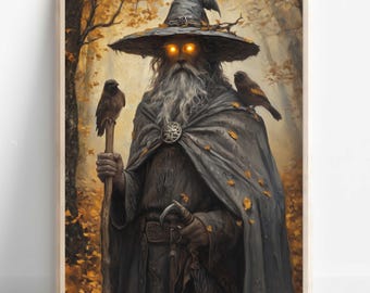 Odin Wandkunst, nordische Mythologie, Wikinger Gott Kunstwerk, All-Vater Poster, nordische Wandkunst, Odin mit Raben und Wölfen, nordische Wohndekoration