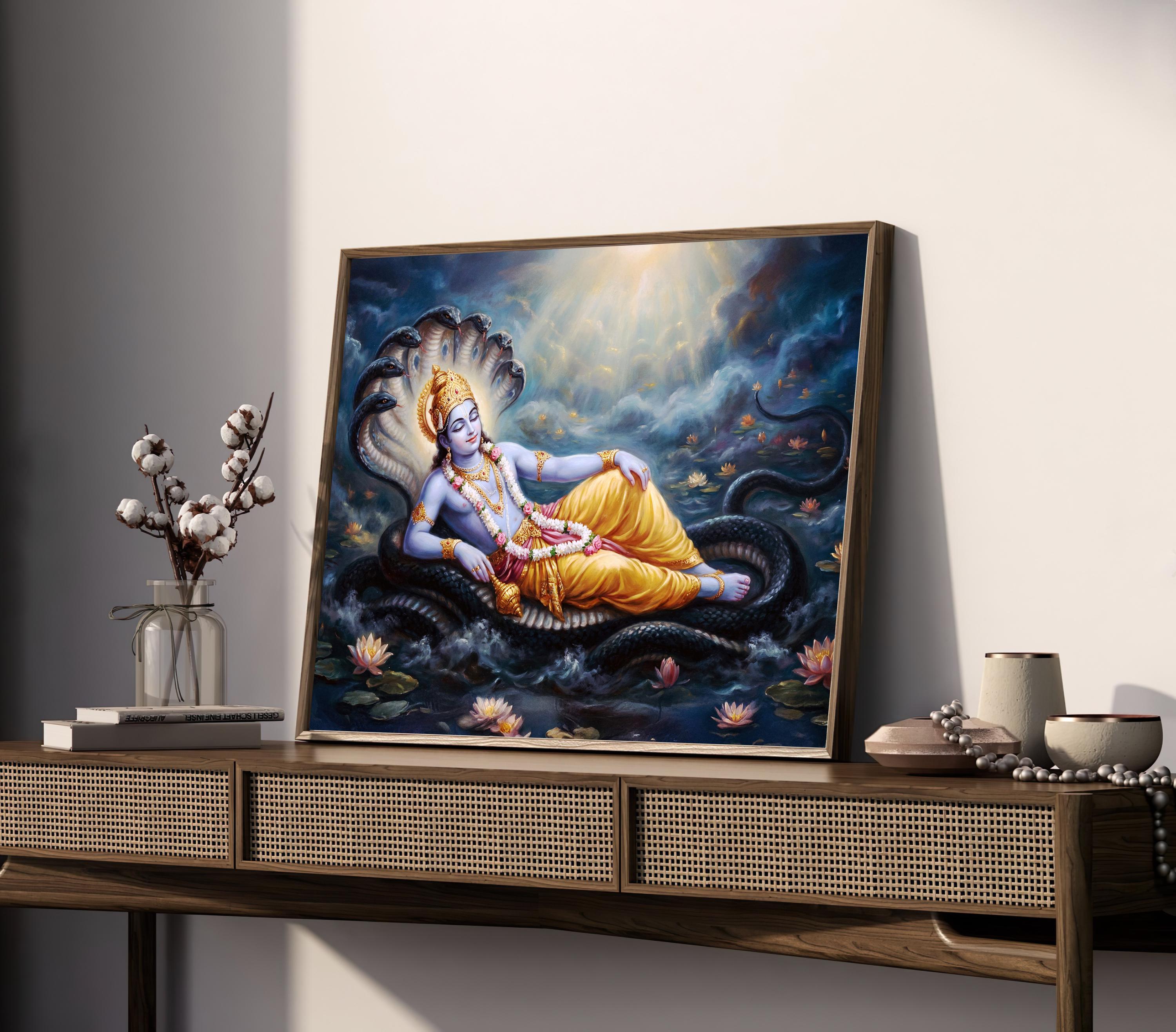 Lord Vishnu Anant Shesha Wall Art, Vishnu Sleeping on Sheshnag Painting ...