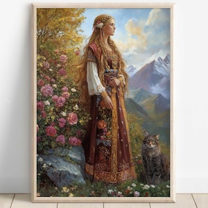 Freyja Wall Art, Norse Mythology Decor, Viking Goddess, Goddess of Love and War Poster, Nordic Wall Art, Freyja with Cats and Brísingamen