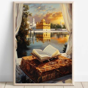 May include: A painting depicting a golden temple reflected in a still lake. An open book rests on a rug in the foreground, with a window and white curtains behind.