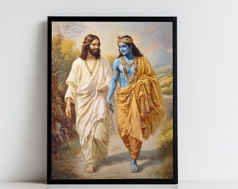 May include: A painting depicting two figures walking side-by-side. The figure on the left is wearing a white robe and has long brown hair and a beard. The figure on the right is wearing a blue and gold robe and has a blue face and a crown. The background is a landscape with trees and hills.