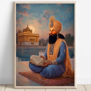 Guru Gobind Singh at Golden Temple, 10th Sikh Guru(1675–1708), Sikh Art, Religious Art Print, Sikh Spiritual Painting, Sikh Digital Painting
