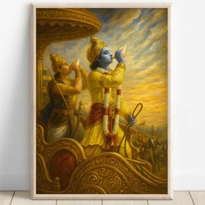 May include: A painting depicting a scene from Hindu mythology. A blue-skinned man with a yellow robe and a crown blows a conch shell while riding in a golden chariot. A second man in a yellow robe stands behind him.