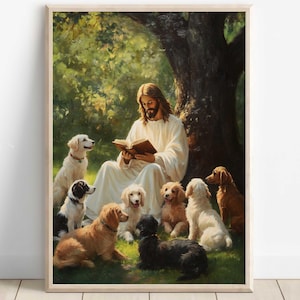 Christian Art, Jesus reading to Dogs, Jesus Christ with Dogs, Bible Art, Jesus Christ Painting, Jesus Christ, Jesus will save you