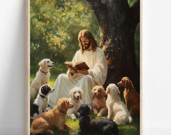 Christian Art, Jesus reading to Dogs, Jesus Christ with Dogs, Bible Art, Jesus Christ Painting, Jesus Christ, Jesus will save you