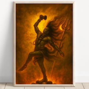 May include: A framed print of a vibrant illustration depicting a dancing deity with long flowing hair, holding a drum and a trident. The figure is set against a fiery, golden background, with a dynamic pose suggesting movement and energy. The artwork is framed in a light-colored wooden frame.