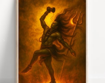 Pode incluir: Uma impressão emoldurada de uma ilustração vibrante que retrata uma divindade dançando com cabelos longos e esvoaçantes, segurando um tambor e um tridente. A figura está situada em um fundo flamejante e dourado, com uma pose dinâmica que sugere movimento e energia.