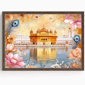 Puede incluir: Una impresión enmarcada de un templo dorado con un reflejo en el agua. El templo está rodeado de flores y plumas de pavo real. La impresión tiene un marco marrón.