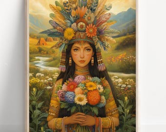 Azteekse kunst aan de muur, Xochiquetzal-kunst, decor Azteekse godin van de schoonheid, Azteekse mythologiekunstwerk, Mexicaanse Azteekse kunst, godin van liefde en vruchtbaarheid