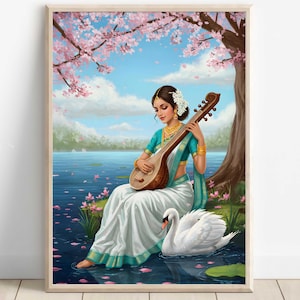 Saraswati, Goddess Saraswati, Goddess of Knowledge, Saraswati Art, Hindu Goddess, Indian Goddess, Digital Print of Saraswati