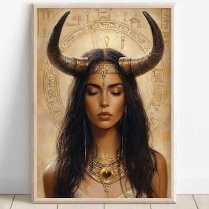 Impresión de la diosa egipcia Hathor, arte mural de la diosa Hathor, decoración de la mitología egipcia antigua, obra de la diosa vaca sagrada, impresión de arte egipcio