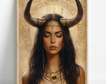 Egyptian Goddess Hathor Print, Hathor Goddess Wall Art, Ancient Egyptian Mythology Decor, Sacred Cow Goddess Artwork, Egyptian Art Print