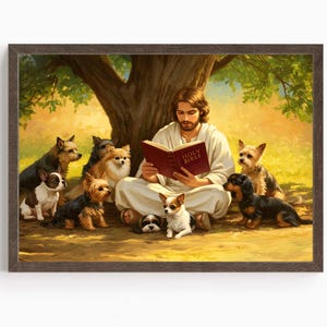 Christian Art, Jesus reading to Dogs, Jesus Christ with Dogs, Bible Art, Jesus Christ Painting, Jesus Christ, Jesus will save you