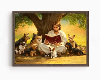 Christian Art, Jesus reading to Dogs, Jesus Christ with Dogs, Bible Art, Jesus Christ Painting, Jesus Christ, Jesus will save you