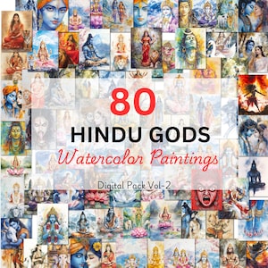 80 Hindu Gods Watercolor Paintings Digital Pack Vol 2, Lakshmi, Saraswati, Krishna, Shiv, Kali, Hanuman, Ram, Vishnu, Durga, Brahma
