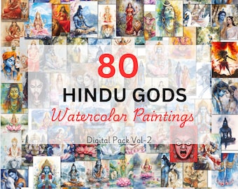 80 hindoeïstische goden aquarel schilderijen digitaal pakket vol 2, Lakshmi, Saraswati, Krishna, Shiv, Kali, Hanuman, Ram, Vishnu, Durga, Brahma