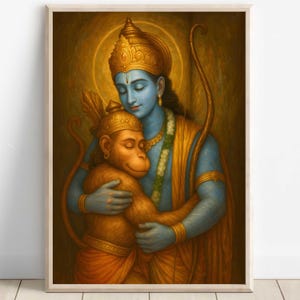 Hanuman and Ram, Hanuman Painting, Ram, Lord Ram Jai Bajarang Bali, Hanuman Art, Hindu God, Hindu God Wall Art, Digital Print of Hanuman