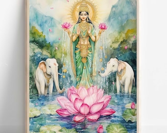 Puede incluir: Pintura acuarela de una diosa hindú de pie sobre una flor de loto rosa. Está rodeada de agua y dos elefantes blancos. La diosa lleva un sari verde y dorado y tiene un halo de luz alrededor de la cabeza.