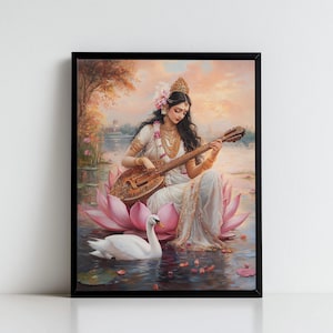 Saraswati, Goddess Saraswati, Goddess of Knowledge, Saraswati Art, Hindu Goddess, Indian Goddess, Digital Print of Saraswati