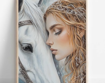 Rhiannon Celtic Goddess Wall Art, Welsh Mythology Print, Goddess of Horses and Enchantment, Celtic Tonalism Decor, Feminine Pagan Artwork
