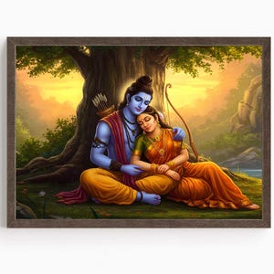 May include: A painting depicting a blue-skinned man and a woman seated together beneath a tree. The man holds a bow and arrow, while the woman is adorned in a yellow and orange sari. The backdrop is a verdant forest with a sunset in the distance.