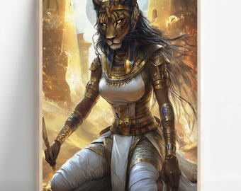 May include: A woman with a lion head and golden jewelry is kneeling in a desert setting. She is wearing a white dress and a golden breastplate. The background is a blurry image of a desert landscape.