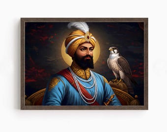 Guru Gobind Singh, 10th Sikh Guru (1675–1708), Sikh Art, Vintage Religious Art Print, Sikh Spiritual Painting, Sikh Digital Painting