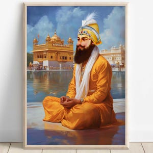 Guru Gobind Singh at Golden Temple, 10th Sikh Guru(1675–1708), Sikh Art, Religious Art Print, Sikh Spiritual Painting, Sikh Digital Painting