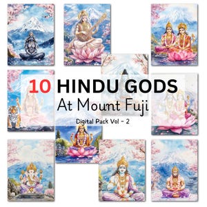 10 Hindu Gods at Mount Fuji Digital Pack Vol 2, Lakshmi, Saraswati, Krishna, Shiv, Kali, Hanuman,Ram, Vishnu, Durga, Brahma,Instant download