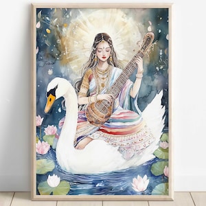 Saraswati, Goddess Saraswati, Goddess of Knowledge, Saraswati Art, Hindu Goddess, Indian Goddess, Digital Print of Saraswati