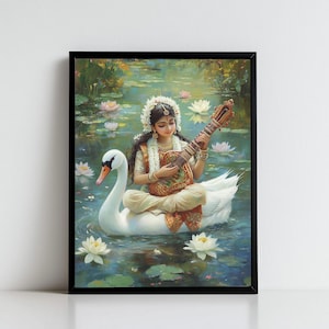 Saraswati, Goddess Saraswati, Goddess of Knowledge, Saraswati Art, Hindu Goddess, Indian Goddess, Digital Print of Saraswati
