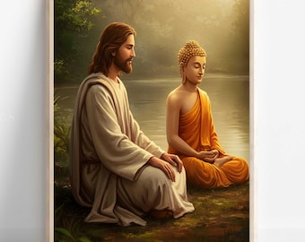 Lord Buddha meditating with Jesus Christ, Jesus meditating along with Buddha, Religious Print, God is one, Digital Print of Buddha