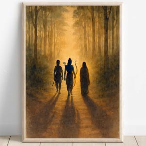 May include: A watercolor painting depicting three figures walking through a forest. The figures are silhouetted against a bright yellow light in the distance. The figures are wearing traditional Indian clothing. The painting has a warm, golden color palette.