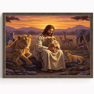Christian Wall Art, Jesus with Animals, Jesus Christ in Animal Kingdom, Bible Art, Jesus Christ, Digital Art of Jesus