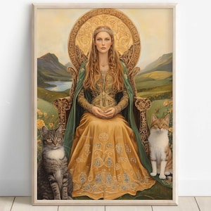 Freyja Wall Art, Norse Mythology Decor, Viking Goddess, Goddess of Love and War Poster, Nordic Wall Art, Freyja with Cats and Brísingamen