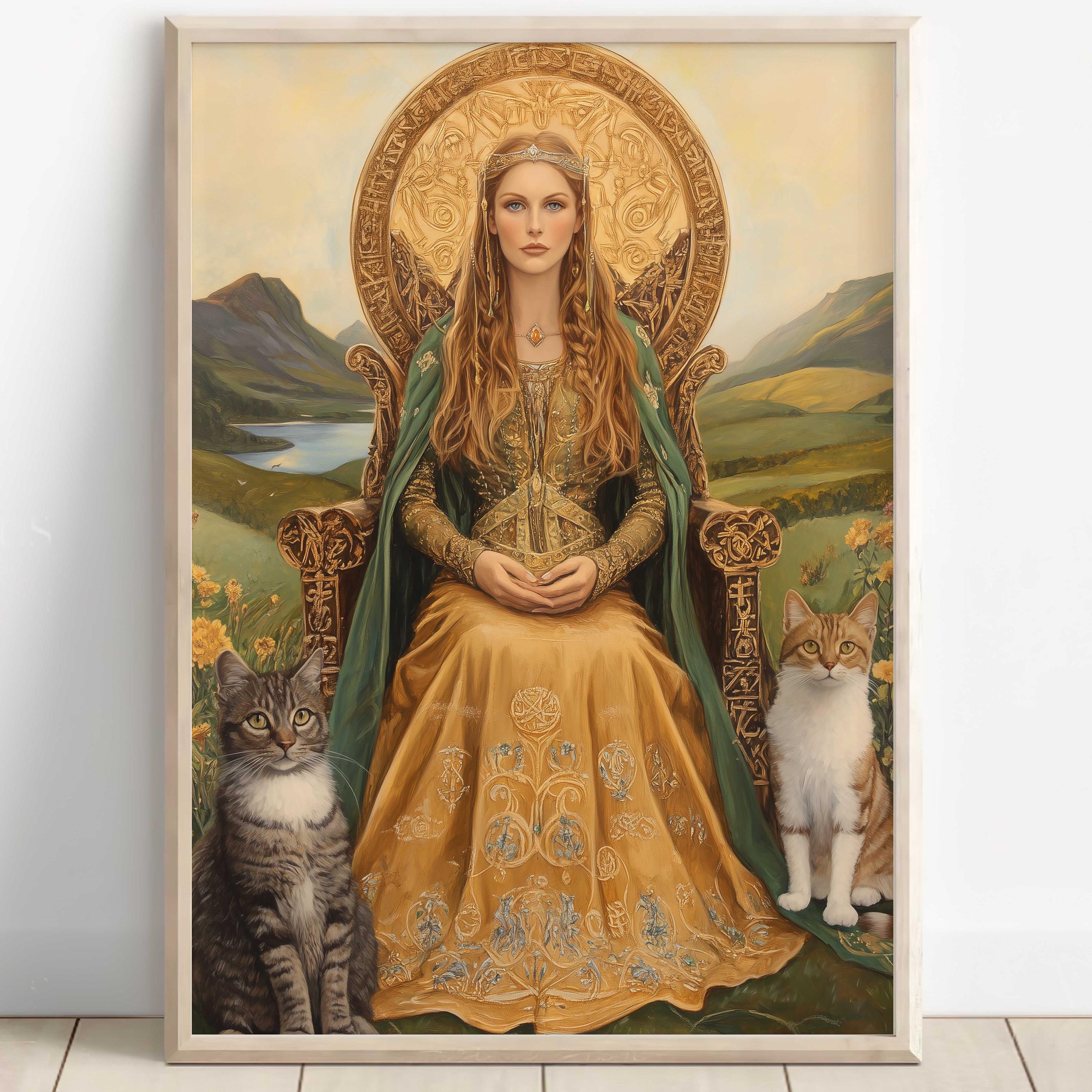 Freyja Wall Art, Norse Mythology Decor, Viking Goddess, Goddess of Love and War Poster, Nordic Wall Art, Freyja with Cats and Brísingamen