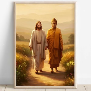 El Señor Buda caminando con Jesucristo, Jesús junto a Buda, Impresión religiosa, Dios es uno, Impresión digital de Buda y Jesús