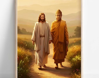 Lord Buddha walking with Jesus Christ, Jesus along with Buddha, Religious Print, God is one, Digital Print of Buddha and Jesus