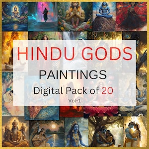 20 Hindu Gods Paintings Digital Pack Vol 1, Lakshmi, Saraswati, Krishna, Shiv, Kali, Hanuman, Ram, Vishnu, Durga, Brahma, Instant download