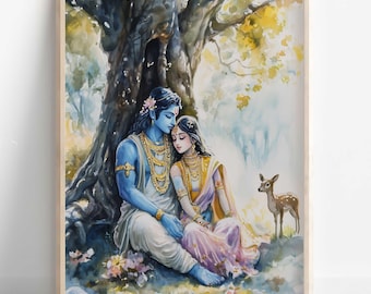 ラーマ神とシータ神の版画：ヒンドゥー教の神々の芸術、インド絵画