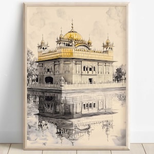 Puede incluir: Una ilustración en blanco y negro de un templo dorado con un reflejo en el agua debajo. El templo tiene una gran cúpula y varias cúpulas más pequeñas. El agua está tranquila y refleja perfectamente el templo.