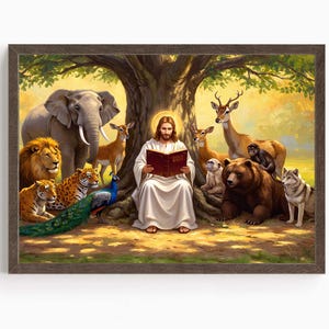 Christian Art, Jesus reading to Animals, Jesus Christ with Animal Kingdom, Bible Art, Jesus Christ, Jesus will save you