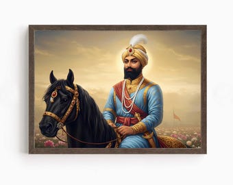 Guru Gobind Singh, 10th Sikh Guru (1675–1708), Sikh Art, Vintage Religious Art Print, Sikh Spiritual Painting, Sikh Digital Painting